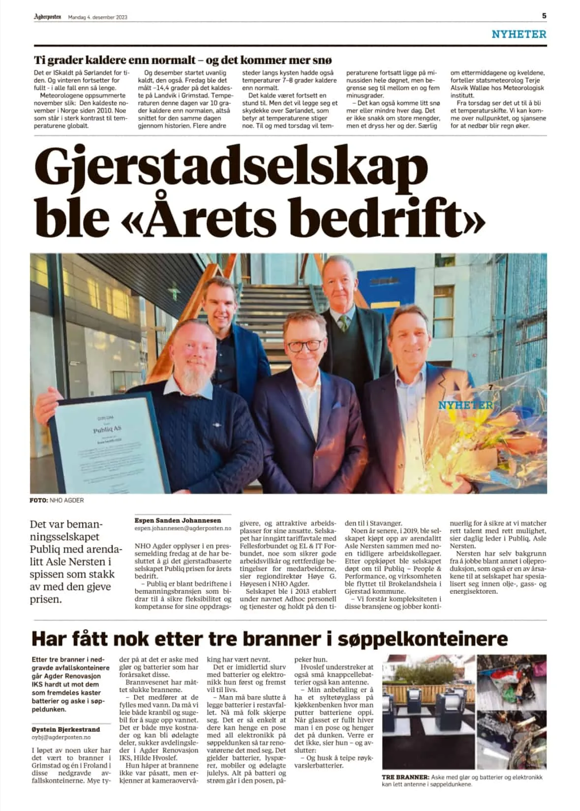 Faksimile av Agderposten-oppslaget «Gjerstadselskap ble Årets bedrift» om Publiq AS