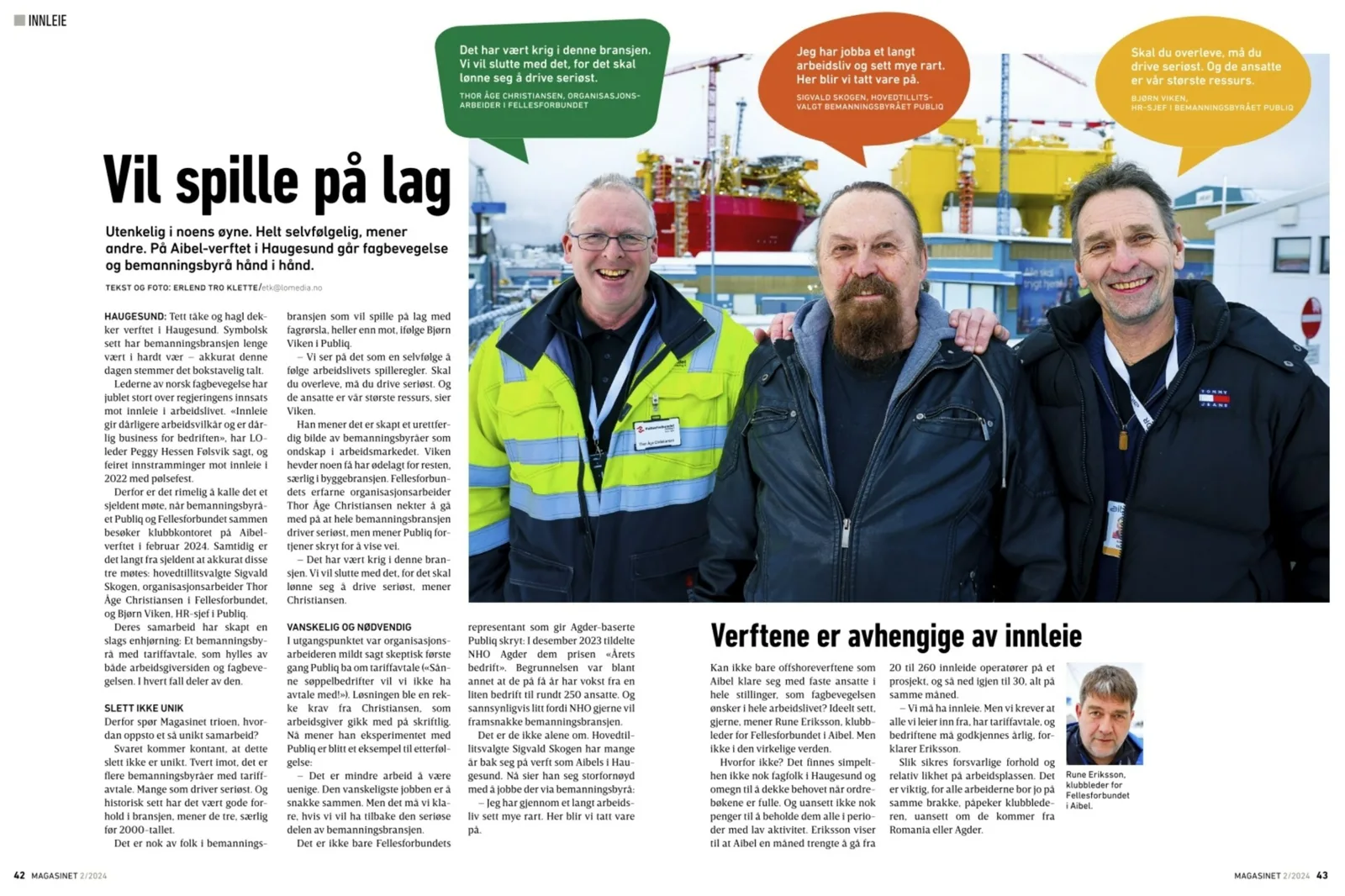 Faksimile av Magasinet-saken «Vil spille på lag» med Bjørn Viken, Sigvald Skogen og Thor Åge Christiansen på Aibel-verftet i Haugesund