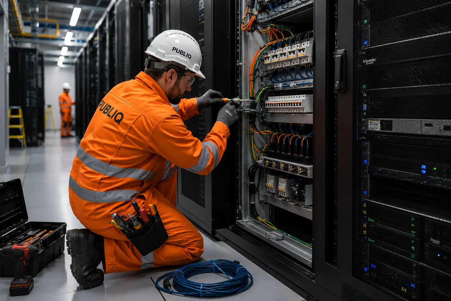 Electrician working on technical installations in a data centre